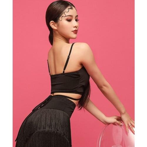 Summer Latin Dance Tops Women Sexy Dance Sets Pleated Thin Strap Pink Dancewear Pad Inside Ballroom Spaghetti Latin Tops L1160