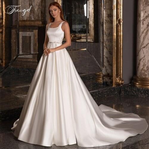 Traugel Square Collar A Line Satin Wedding Dresses Applique Beading Tank Sleeve Bride Dress Chapel Train Bridal Gown Plus Size