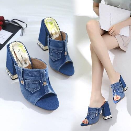Low Shoes Slippers Soft Square heel Peep Toe Slipers Women Heeled Mules Slides Comfort Block Denim 2020 High Rome Rubber Basic