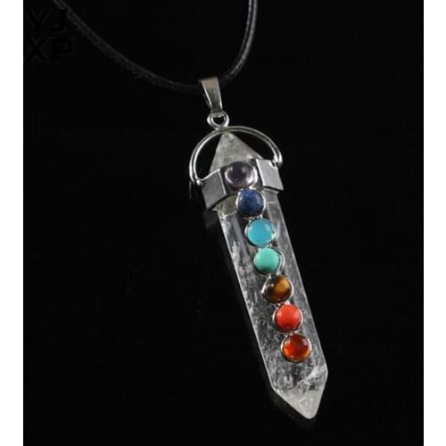 YJXP Rock Crystal Stone Hexagonal Pillar Silver Plated 7 Chakra Beads Reiki Healing Balance Pendant Amulet Charms Jewelry Gift