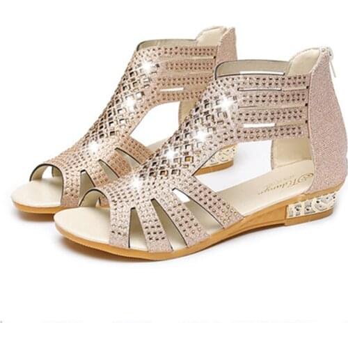 Womens Sandals plus Size 2020 New Sandals Female Rhinestone Hollow Fish Mouth Small Slope With Roman Sandals Long-term In Stock