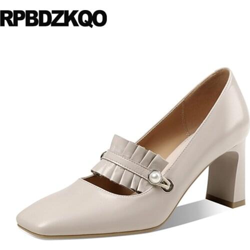 Pumps High Heels Mary Jane Women Leather Grey Shoes Chic Genuine Size 33 Pearl Japanese Square Toe Strap Evening 3 Inch Block