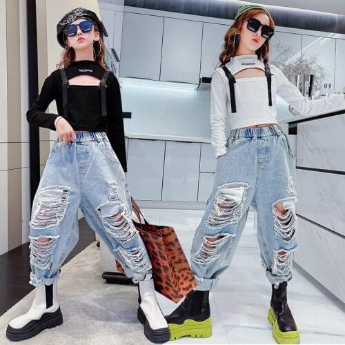 Girls net celebrity autumn ripped jeans suit western children casual children domineering street bombing two-piece suit
