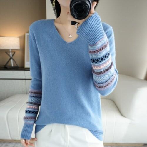 100% Pure Wool Sweater Womens V-neck Color Sleeve Pullover Autumn / Winter Casual Knitted Tops Female Jackets Plus Size Korean