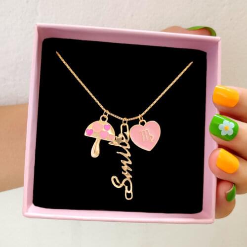 Flatfoosie 2021 New Pink Mushroom Pendant Necklaces for Women Golden Love Heart Letter Clavicle Chain Necklace Fashion Jewelry
