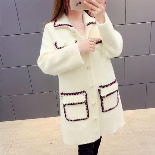 Faux Mink Winter Warm Thick Outwear 2021 New Womens Autumn Mid-length Knitted Cardigan Jacket Ladies Double Fleece Coat Tide