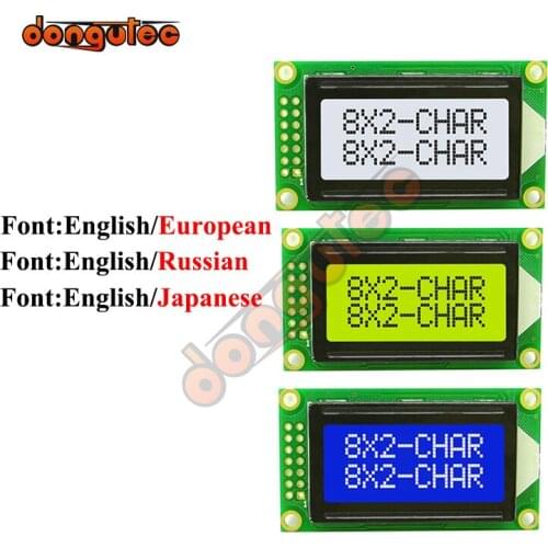 8x2 LCD Module 0802 0802E Character Display Screen Blue/Yellow Green/Gray English/Russian/Japanese/European