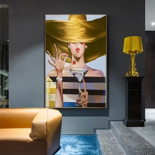 Abstract Aristocratic Lady Canvas Painting Modern Cocktail Girl Tableaux Wall Art Picture for Living Room Home Decor (No Frame)