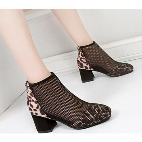 Womens Summer Rubber High-Heeled Boots 2021 Fashion Mesh Block Heel Sandals Tabi Breathable Leopard Print Shoes With Square Toe