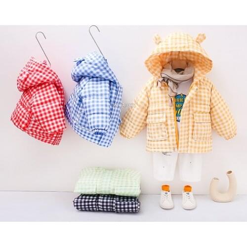 Childrens Plaid White Duck Down Jacket Autumn Winter New Korean Baby Boys Girls Down Coats Kids Light Weight Hooded Cute Parkas