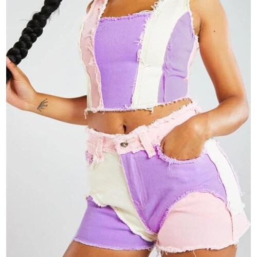 Women Patchwork Denim Shorts With Tassel Pockets Streetwear Color Block Stitching Lady Hips Sexy Nightclub Rave Jeans Shorts