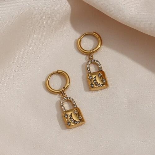 Hypoallergenic Tarnish Free Stainless Steel 18K Gold Plated AAA CZ Stone Filled Small Lock Charm Huggie Earrings For Women