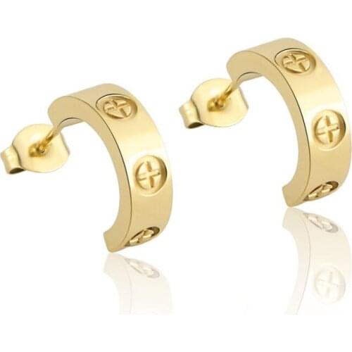 Classic Luxury Jewelry C Shape Cross Screw Stud Earring For Women And Men Titanium Steel Top Quality Love Earrings Couple Gifts