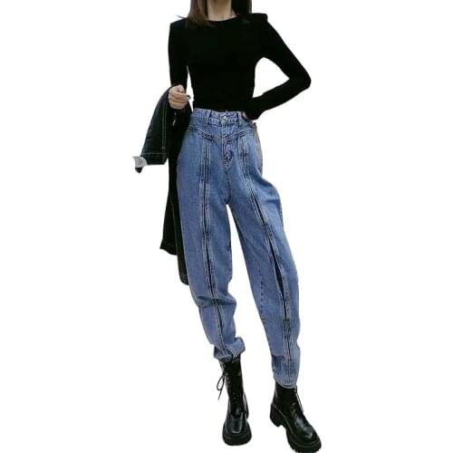 Handsome High Waist Jeans Women Ins Splicing Long Denim Pants Loose Causal Patchwork Jean