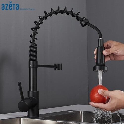 AZETA Black Kitchen Faucet Deck Mounted Kitchen Sink Mixer Tap 360 Rotation Pull Down Kitchen Tap Crane Torneira AT9804B
