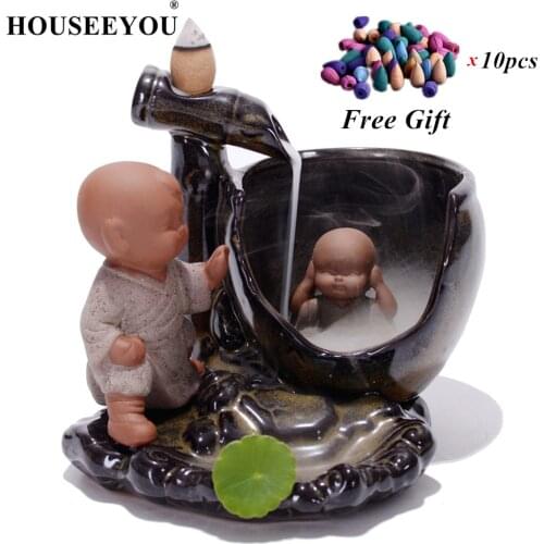 HOUSEEYOU Two Little Monk Backflow Incense Burner Ceramic Small Buddha Incense Holder Aromatherapy Censer + 10Pcs Incense Cones