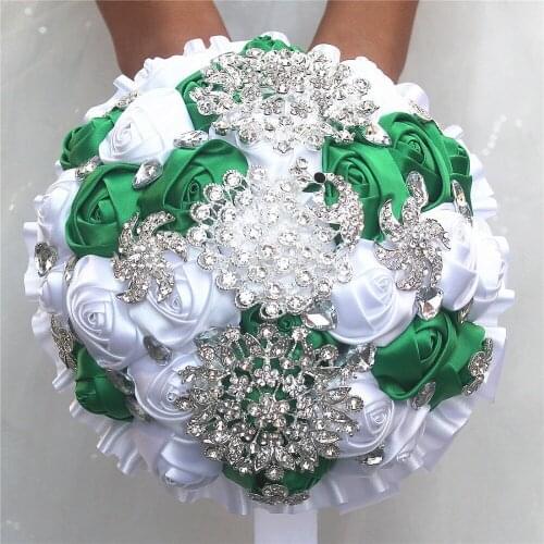 Fashion Green White Rose Flower Brooch Wedding Bouquet Corsage Crystal Bridal Bouquets Buque De Mariage Wedding Accessories