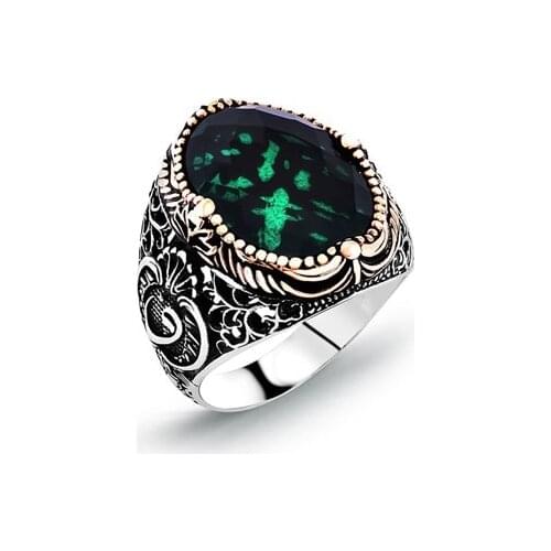 Silver Green Stone Vav Patterned Men 'S Ring
