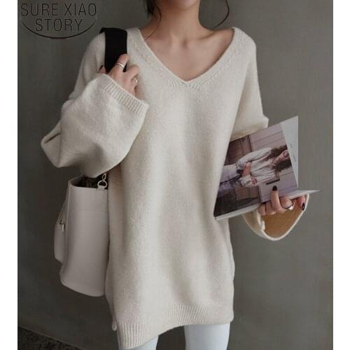 Autumn Winter Fashion V-neck Casual Loose Oversized Sweaters Women Pullovers 2021 New Long Sleeve Simple Solid Tops Blusas 15919