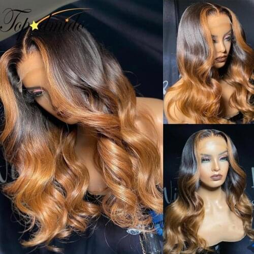 TOPODMIDO Blonde Ombre 13x4 Human Hair Wigs with Baby Hair Brown Highlight 4x4 Closure Wigs Remy Hair Transparent Lace Wig