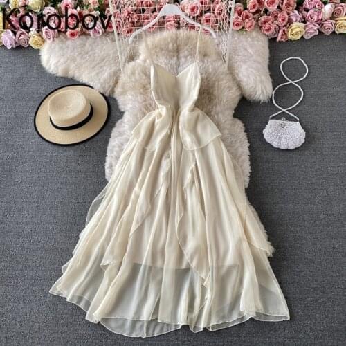 Korobov 2021 New Chic Robe Femme Solid Color Summer Dress Women Slim Waist A Line Spaghetti Strap Dresses Ruffle Vestidos Mujer