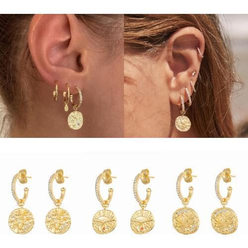 CRMYA Boho Style Patterned Cubic Zircon Hoop Drop Earrings For Women Gold Silver Color Coin Stud Earring Fashion Jewelry