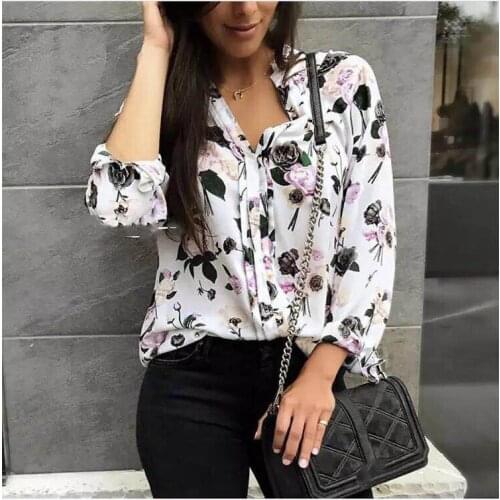 ElfStyle Silk Ladies Flower Printing Long Sleeve Blouse Shirt - Stylish Printing Casual Shirt Top