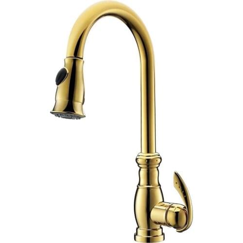 Kitchen Sink Faucets Total Brass Pull Out/Down Kitchen Sink Mixer Tap Single Handle Hot and Cold Kitchen Crane Tap Golden Faucet