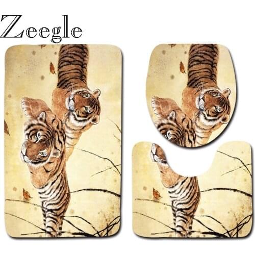Tiger Pattern 3pcs Bath Mat Set Toilet U Type Rug Microfiber Bathroom Floor Mat Bathroom Carpet Toilet Foot Mat Anti-slip Rug