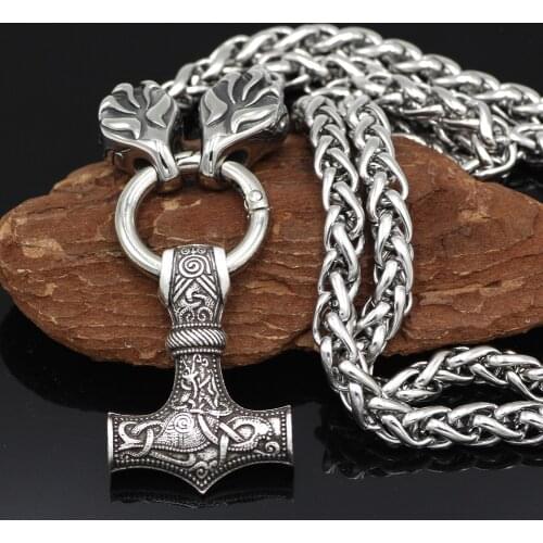 Youeshone Men Stainless Steel Viking Raven Head with Goat Thors Hammer Pendant Necklace