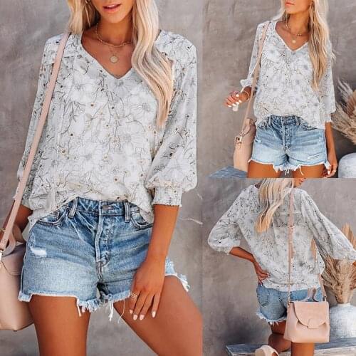 Lady floral chiffon shirt female woman tshirts tops 2021 women fashion clothing V neck