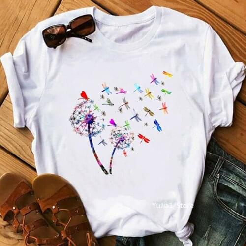 2021 Hot Sale Watercolor Dragonfly Dandelion Print T-Shirt WomenS Clothing White Short Sleeve Tshirt Femme Harajuku Shirt Tops