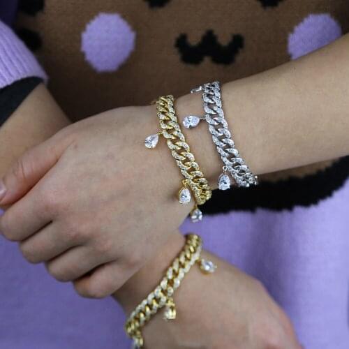 Hip Hop Bling Iced Out Women Rapper Bracelet Full Rhinestone Pave With tear drop cz Miami Cuban Link Chain Bracelet Jewelry
