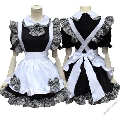 Plaid Maid Costume Cute Lolita Dress Women Sweet Mini Ruffle Bow Dress Ruched Servant Outfit Short Sleeves For Student Girls
