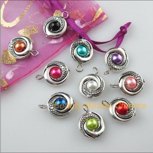 10Pcs Tibetan Silver Color Round Mixed Glass Beads Charms Pendants 14.5x20mm