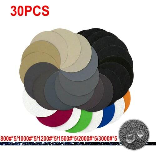 30Pcs 125mm Wet and Dry Sanding Discs 5 Inch Hook & Loop Sandpaper Low Curl No Creases 800-3000 Grit Waterproof and Oil Proof