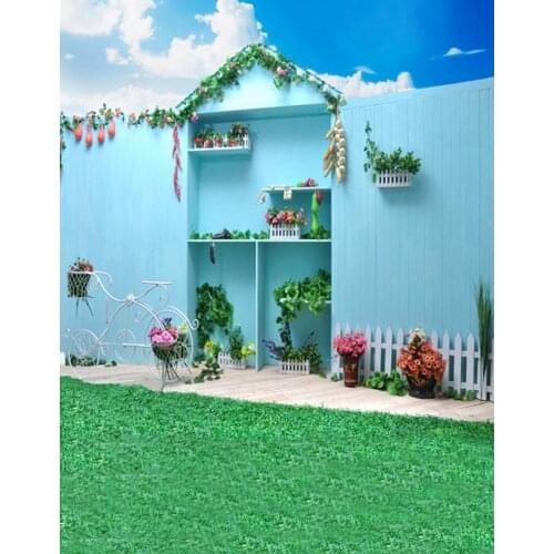 5x7ft Lawn Flowers Blue House Photography Backdrops Photo Props Studio Background