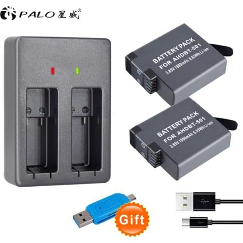 2pcs AHDBT-501 LI-ION digital Camera Battery For GOPRO HERO 5 GOPRO HERO 6 camera batterias+2 slots charger with led display