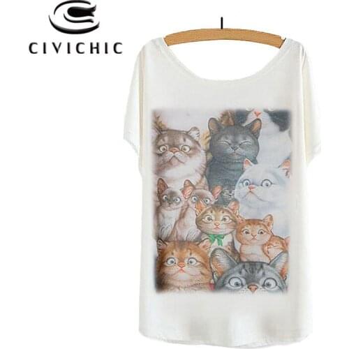 CIVI CHIC Spring Summer Bat Sleeve Girl T-shirt Lovely Cats Print Woman O Neck Tees One Size Loose Tops Female Cute Tshirt WST65