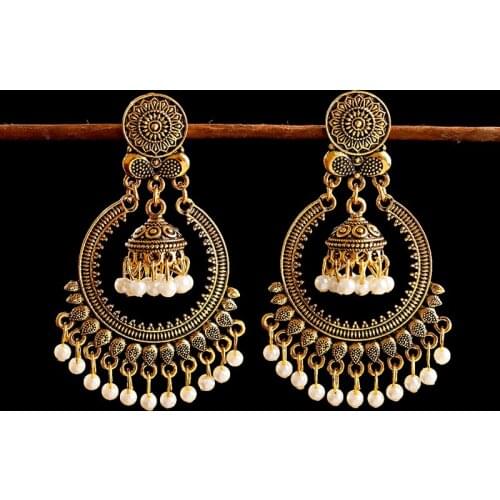 Classic Womens Gypsy Gold Flower Wedding Earrings Boho Jewelry Ladies Retro Tassel Indian Jhumka Earrings Oorbellen Hangers