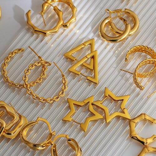 Lifefontier Punk 18K Real Gold Plated Metal Hoop Earrings for Women Round Circle Star Geometric Earrings Trendy Jewelry 2021