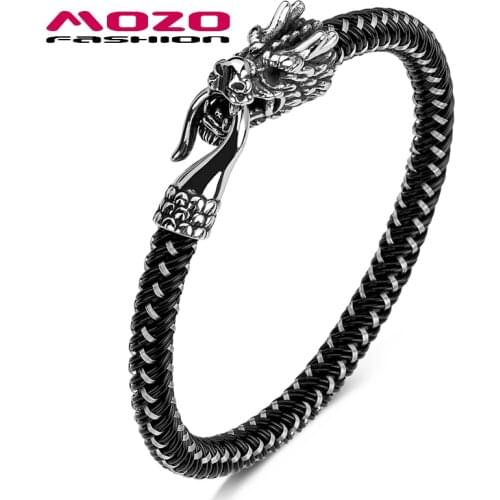 MOZO Fashion Male Bracelets Black Steel wire Rope Braided Chinese Dragon Domineering Female Bangle Punk Jewelry