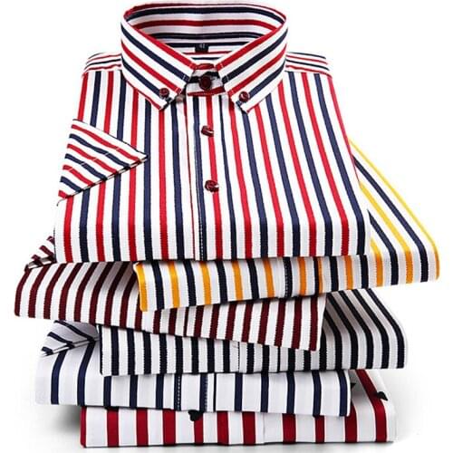 Colored Red Navy Blue Yellow Summer Brand Casual Slim Fit Male Vertical Striped Shirt Men Non Iron Design