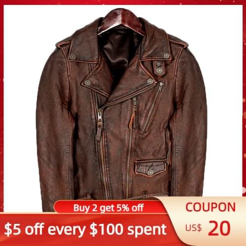 2021 Vintage Brown Genuine Leather Jacket Men Motorcycle Style Plus Size 5XL Real Natural Cowhide Autumn Slim Fit Biker Coat