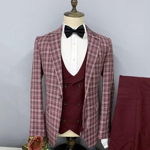 3 Pieces Mens Suit Flat Collar Burgundy Grid Casual Prom Tuxedos Slim Fit Fashion Business Banquet Custom Made Prom Suits