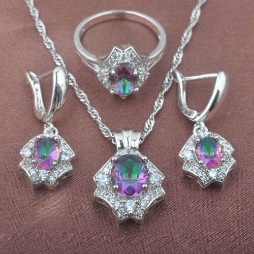 Mystic Rainbow Fire Australian Crystal Silver Color Jewelry Set For Women Wedding Jewelry Earrings/Pendant/Necklace/Rings TZ0579