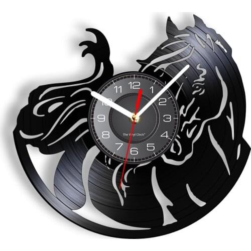Horse Silhouette Wall Clock Made Of Real Vinyl Record Wild Chinese Zodiac Animal Luminous Wall Watch Black Hanging Decor Artwork
