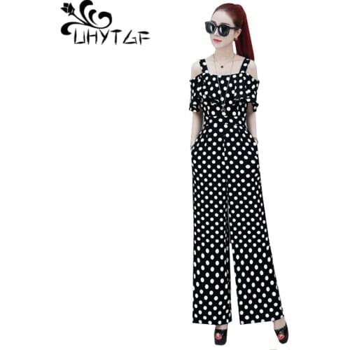UHYTGF New chiffon thin summer jumpsuit Womens fashion Wave point Wide leg pants sling Sexy long jumpsuits woman long pants 1437