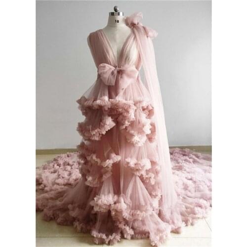 Real Image Pink Pajamas Womens Bath Gown With Bow Soft Tulle Bathrobe Sexy VNeck Bridal Robe Wedding Nightgown