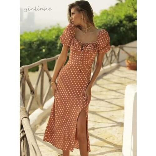 Yinlinhe V Neck Tied High Waist Long Dress Women Split Summer Dress French Niche Style Polka Dot Dresses Party Wear 2021 2009